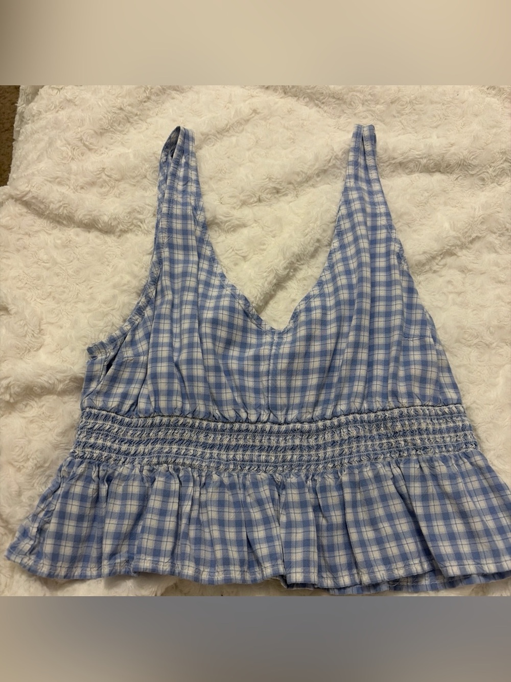 Hollister Light Blue Gingham Smocked Crop Tank